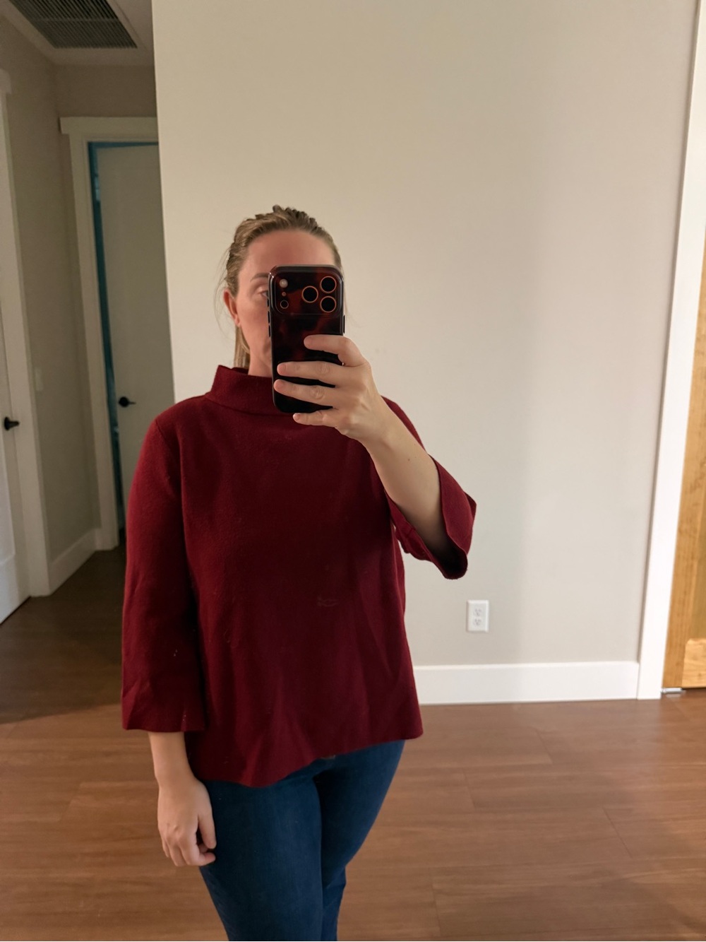 The Impeccable Pig Women's Mock Neck Bell Sleeve Sweater - Burgundy